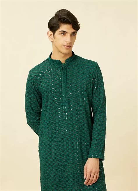 Kurta Pajama For Men Buy Bottle Green Chikankari Kurta Online Manyavar