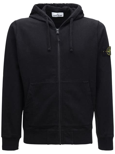 Stone Island Brushed Cotton Fleece Zip Up Hoodie In Black For Men Lyst