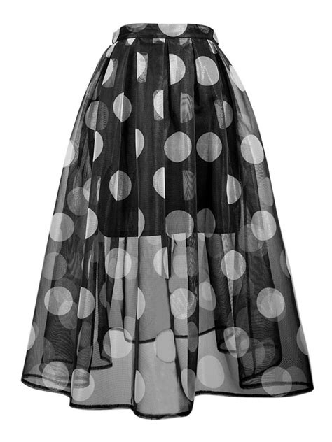 Black Polka Dot Sheer Midi Skater Skirt With Lining