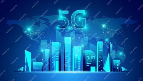 추상 5g 홀로그램 네트워크 무선 인터넷 Wi Fi 연결 및 도시 배경의 사물 인터넷 스마트 시티 및 통신 네트워크 개념입니다