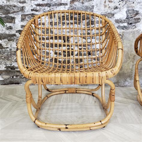 Pair Of Rattan Armchair By Tito Agnoli For Pierantonio Bonacina For