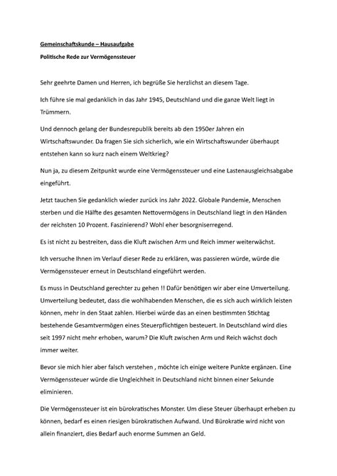 Gemeinschaftskunde Politische Rede Vermögenssteuer Gemeinschaftskunde