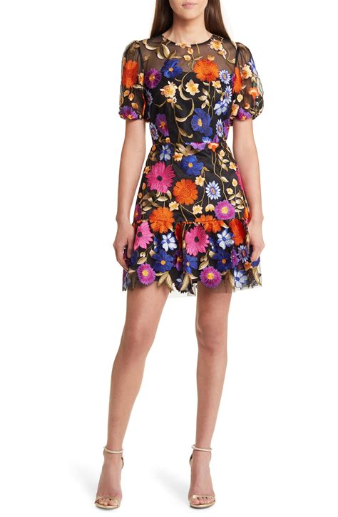 Milly Yasmin Floral Embroidered Puff Sleeve Mesh Fit And Flare Dress Lyst