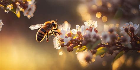 Spring Flowers In Full Bloom With A Bee In Action Blooming Flowers