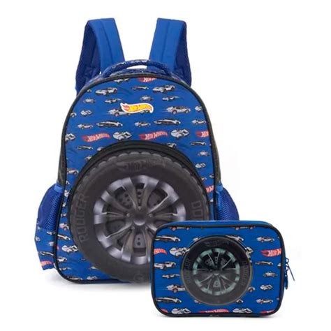 Kit Mochila De Costas Estojo Box Hot Wheels Pneu Azul Shop Macrozao