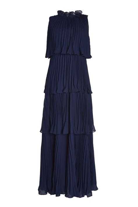 Tara Navy Tiered Pleated Maxi Dress With High Ruffle Neck 6 True