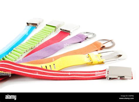 7 Rainbow Colored Textile Belts Isolated Over White Background Stock