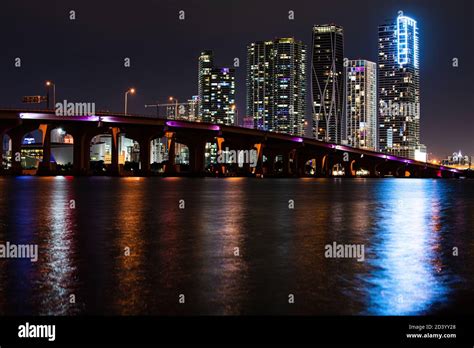 Miami skyline panorama with urban skyscrapers. Miami night Stock Photo ...