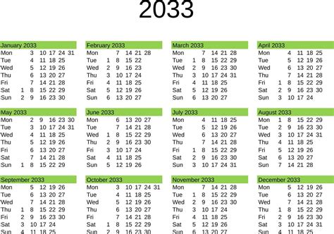 year 2033 calendar in English 22819448 Vector Art at Vecteezy