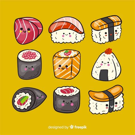 Collection De Sushis Kawaii Dessin S La Main Vecteur Gratuite