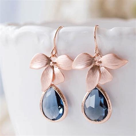 Rose Gold Earrings Navy Blue Wedding Bridal Earrings Etsy