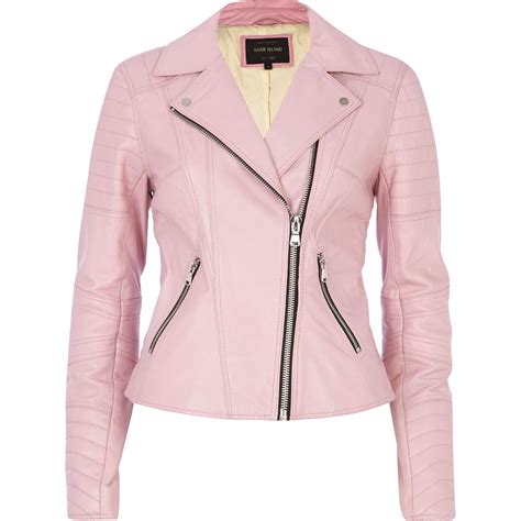 Lyst River Island Pink Leather Biker Jacket In Pink