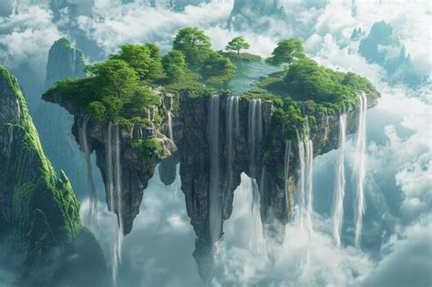 Premium Photo Surreal Floating Islands With Cascading Waterfalls