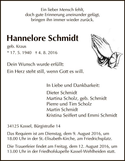 Traueranzeigen Von Hannelore Schmidt Trauer Hna De