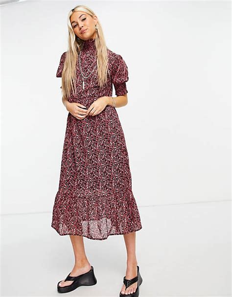 Violet Romance High Neck Tiered Smock Dress In Floral Print Asos