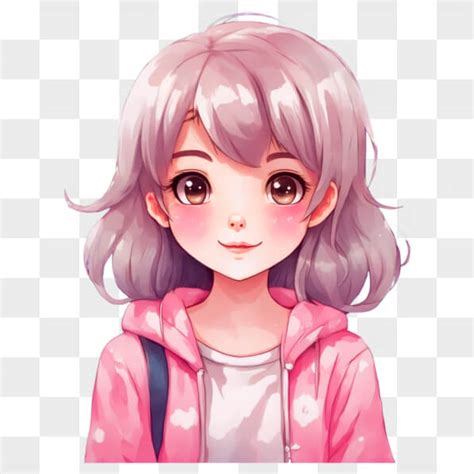 Download Kawaii Anime Girl In Pink Jacket With Grey Hair Online Creative Fabrica