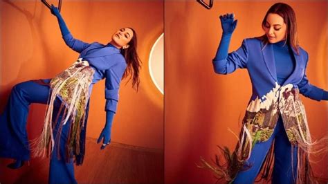 sonakshi sinha dons  stunning blue pantsuit   glamorous twist