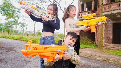 Action Nerf War Couple Beautiful Girl Nerf Guns Fight Criminal