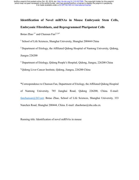 PDF Identification Of Novel MiRNAs In Mouse Embryonic Stem Cells