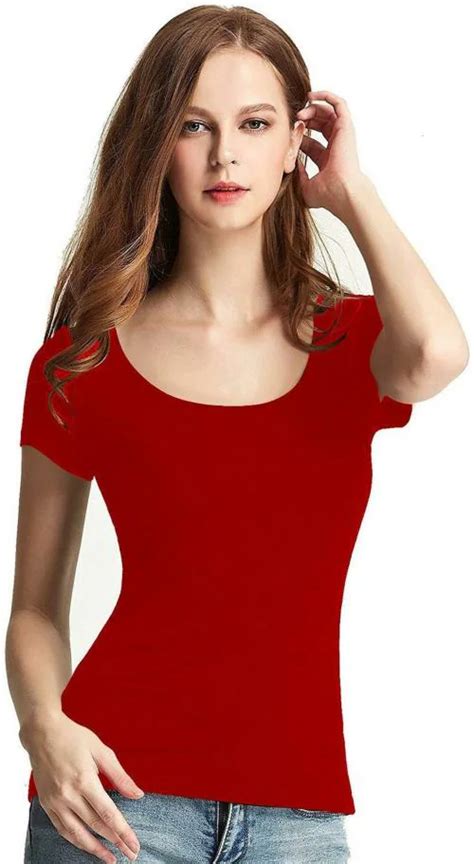 Buy The Blazze Women Red Solid Cotton Blend Round Neck T Shirt Xxl