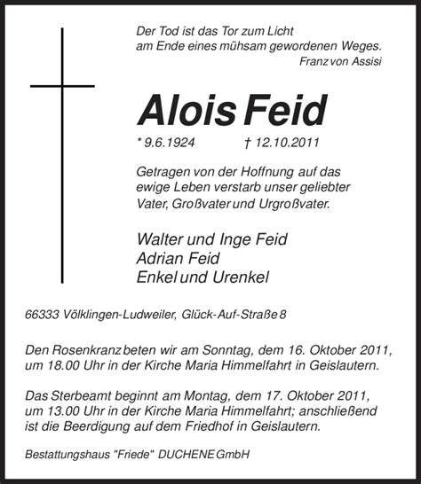 Traueranzeigen Von Alois Feid Saarbruecker Zeitung Trauer De