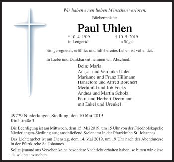 Traueranzeigen Von Paul Uhlen Noz Trauerportal