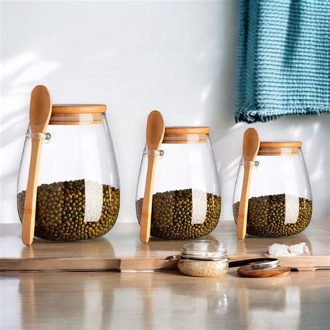 Kit Pote De Vidro Com Tampa De Bambu - Kit 3 Pote De Vidro Hermético Tampa De Bambu 500ml/750ml/950ml Com ...