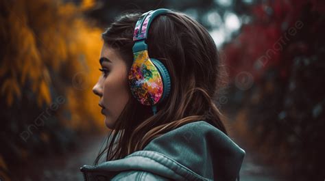 Woman Wearing Headphones In Front Of A Colorful Forest Background Put