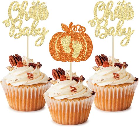 24pcs Pumpkin Oh Baby Cupcake Toppers Glitter Baby Feet