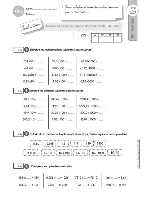 Cm Evaluation Diviser Et Multiplier Par Un Nombre