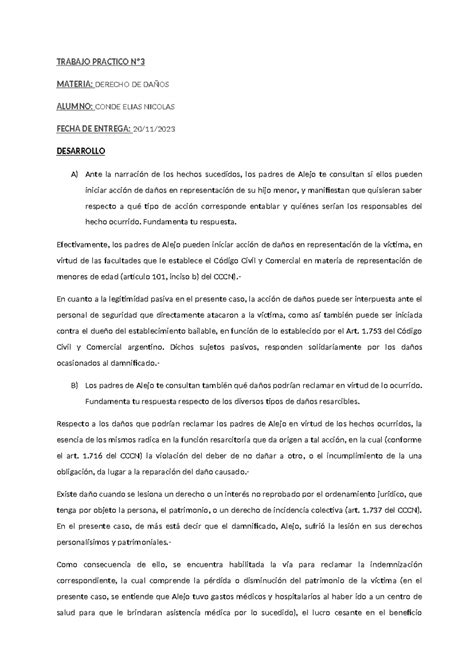 TP 3 Daños TRABAJO PRACTICO Nº MATERIA DERECHO DE DAÑOS ALUMNO