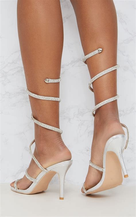 Silver Diamante Leg Wrap Heeled Sandal Prettylittlething Usa