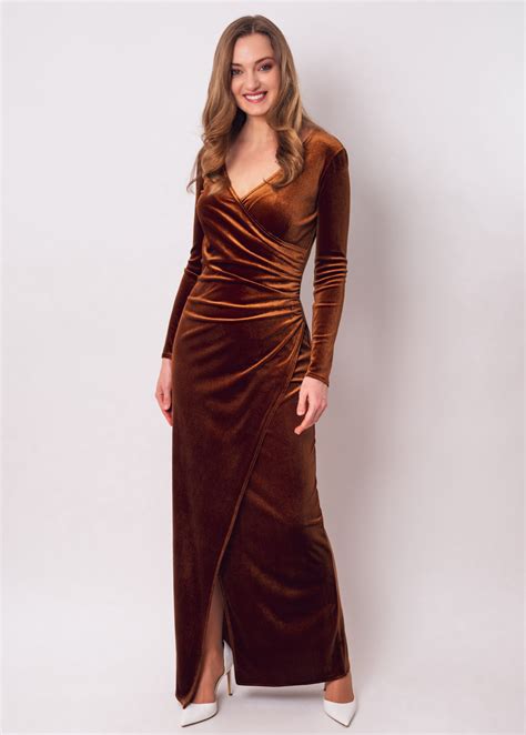 Rust Gold Long Wrap Bodycon Velvet Dress Velvet Dress Bodycon Dress