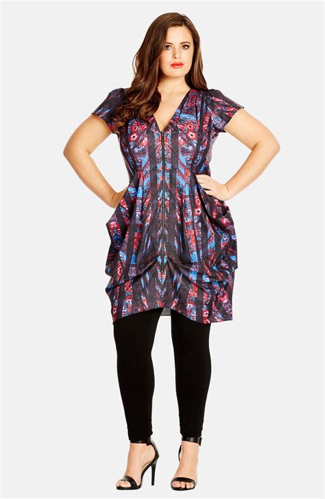 City Chic Paisley Mirror Print Front Zip Pleat Tunic Dress Plus Size