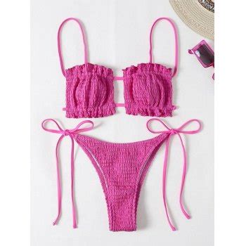 Emmiol Free Shipping 2024 Lace Up Smocked Bikini Set Beetroot Purple M