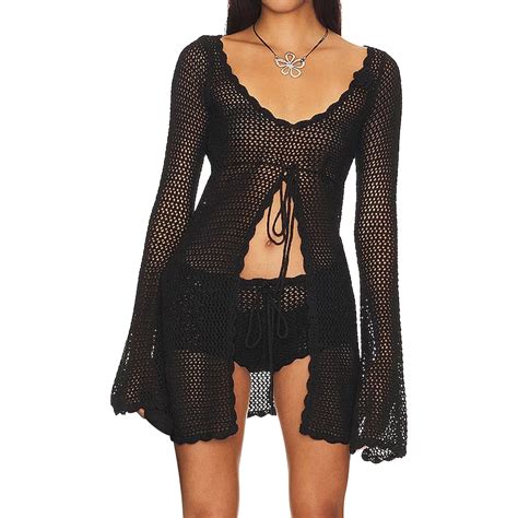 Women Crochet Bikini Cover Up Long Sleeve Hollow Out Swimsuit Coverup