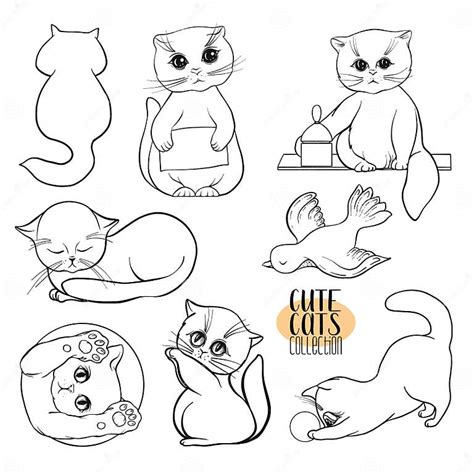 Set Of Cute Cats With Different Emotions Outline Hand Drawing Stock