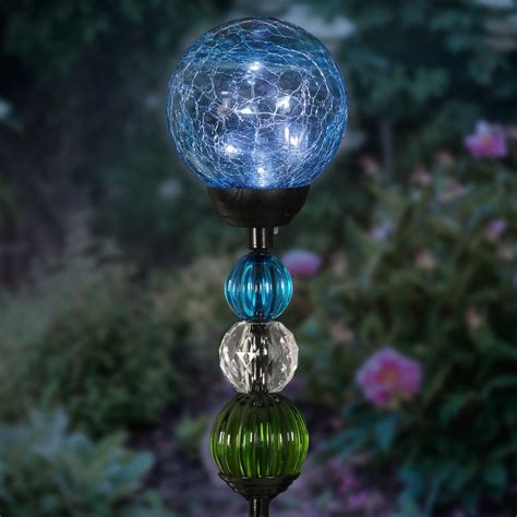 Solar Blue Crackle Glass Ball Garden Stake With Six Led Lights And Bead