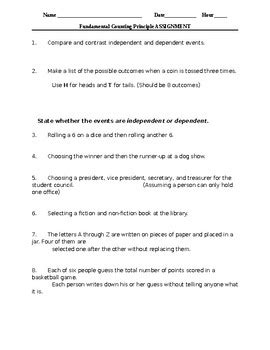 Fundamental Counting Principle Worksheet Includes Independent