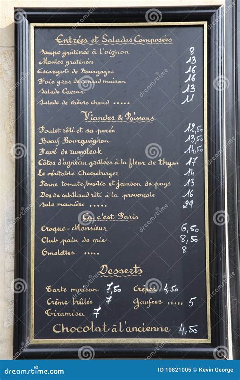 French Language Menu Paris France Royalty Free Stock Photo Image