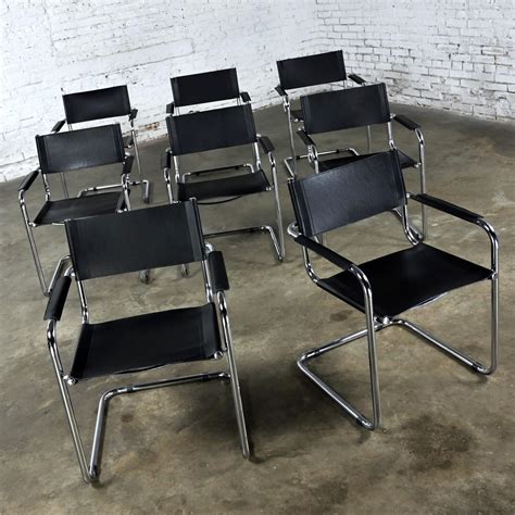 Bauhaus Black Leather And Chrome Cantilever Italian Chairs Attributed