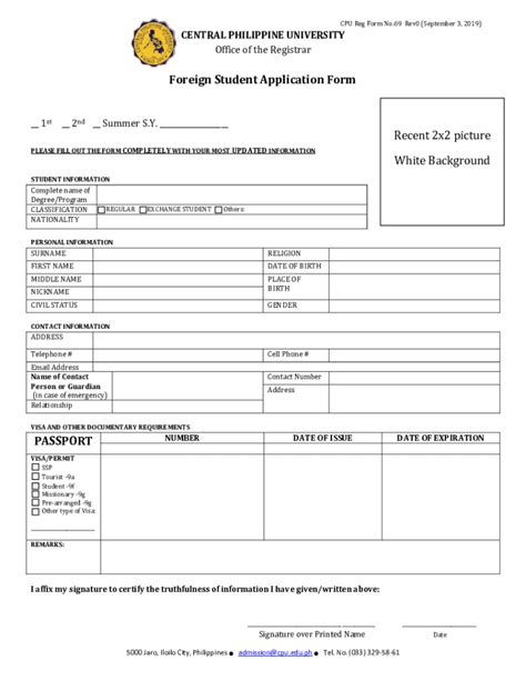 Fillable Online Cpu Edu Foreign Student Application Form Passport