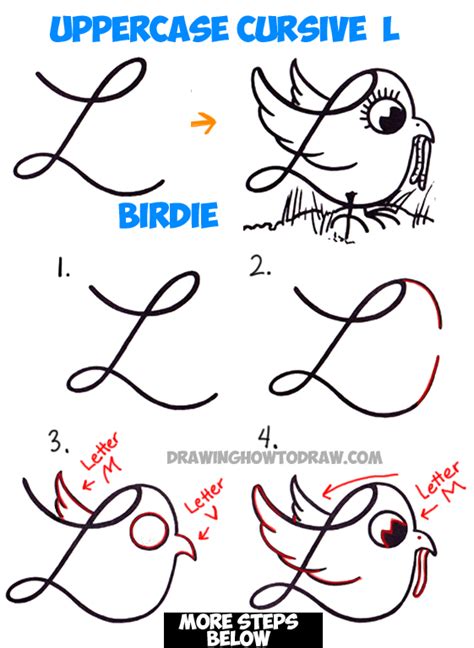 How to Draw Cartoon Bird with Worm from Uppercase Cursive L Simple ...