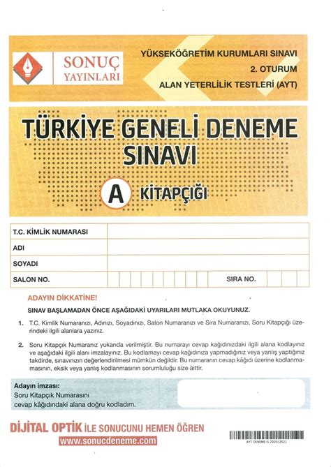 Sonuç Yayınları Türkiye Geneli Kurumsal AYT Deneme Sınavı 5 Cevap Anahtarı