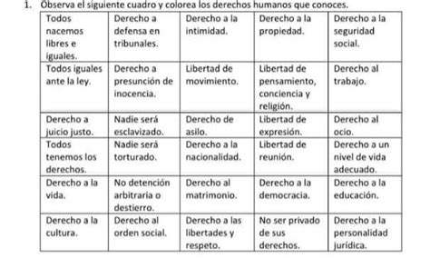 2 Con Base En El Cuadro De Los 30 Derechos Humanos En Una Hoja O Un Cuaderno Identifica