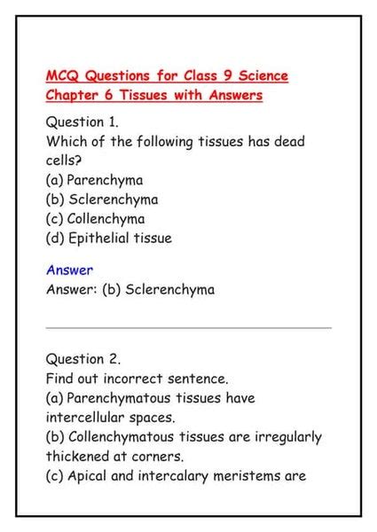 Class 9 Tissues Mcqs