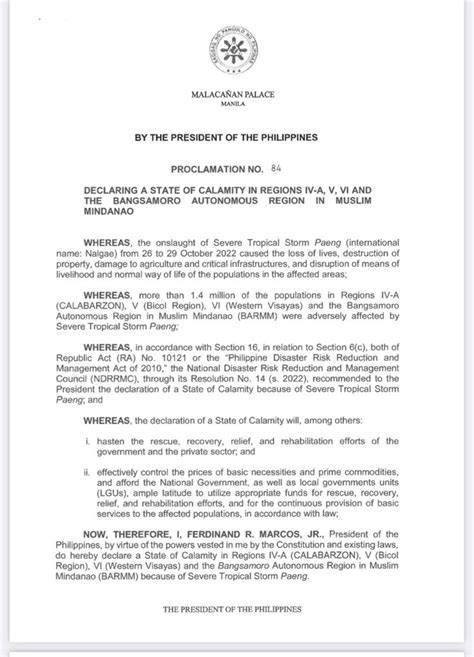 President Ferdinand Marcos Jr Issues Proclamation 84 Declaring A