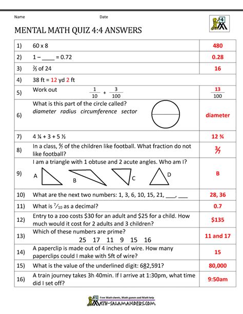 Mental Math 4th Grade