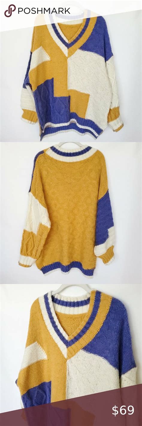 J Ing Oversized Cable Knit Sweater Womens Small Yellow Blue Long