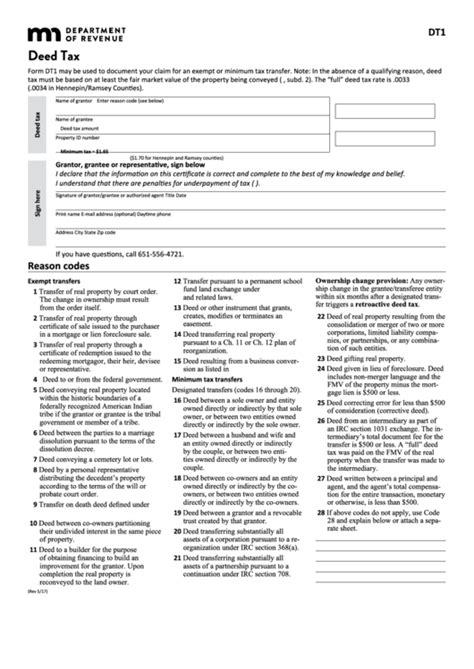 Fillable Form Dt1 Deed Tax Printable Pdf Download